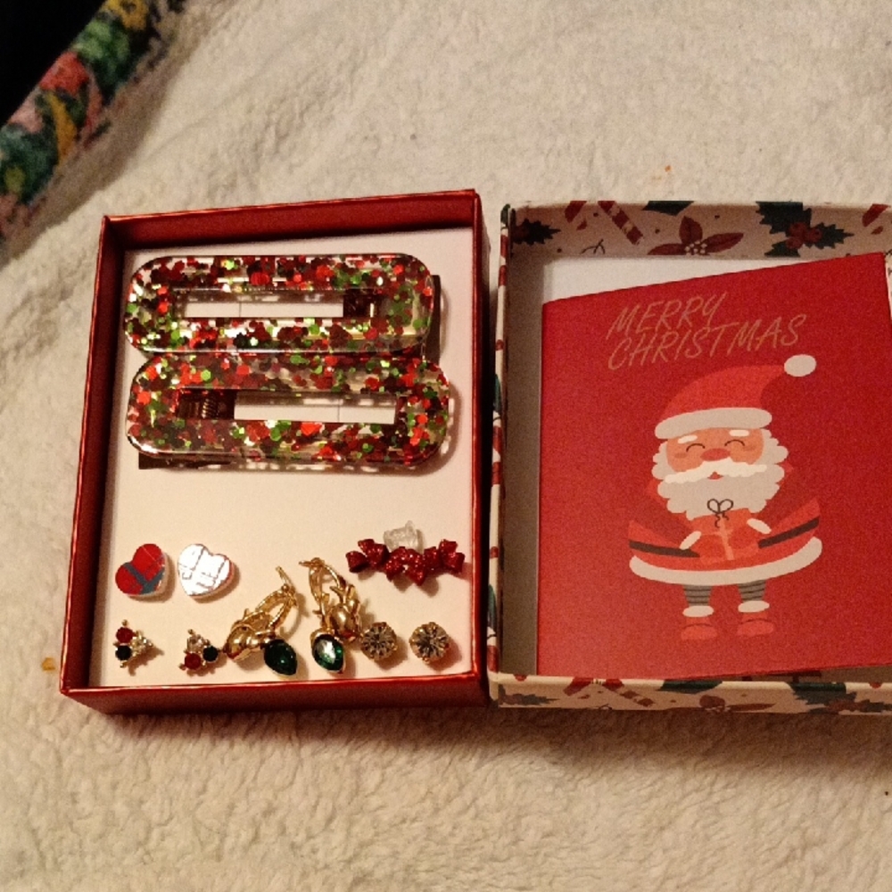 New 6 Christmas Earrings With 2 Hair Clips And Little Christmas Card In Box